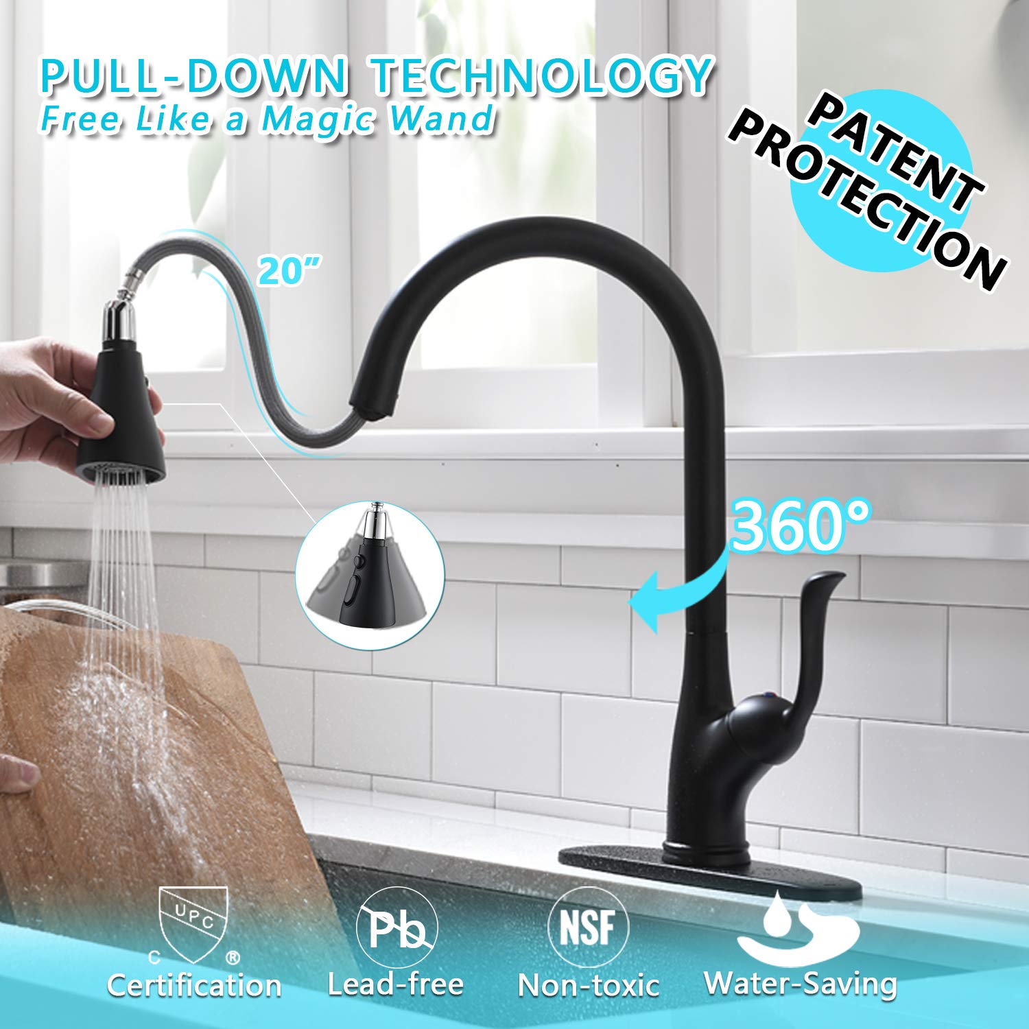 Matte Black Kitchen Faucet Pull Down Sprayer and Soap Dispenser - Single Handle Commercial High Arc One Hole Pull Out Spray Head Kitchen Sink Faucets with Deck Plate, APPASO