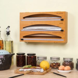 LownRain Bamboo Foil and Plastic Wrap Organizer, Plastic Wrap, Aluminum Foil and Wax Bamboo Dispenser for Kitchen Storage Organization Holder for 13" Roll (3-Slot,Arc)