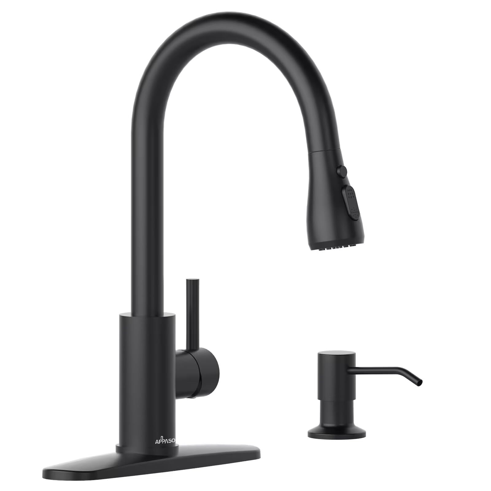 APPASO Black Kitchen Faucet with Soap Dispenser, Modern RV Kitchen Sink Faucet with Pull Down Sprayer 3 Modes, Solid Stainless Steel Faucet Kitchen Matte Black for Bar Sink, High Arc & Single Handle