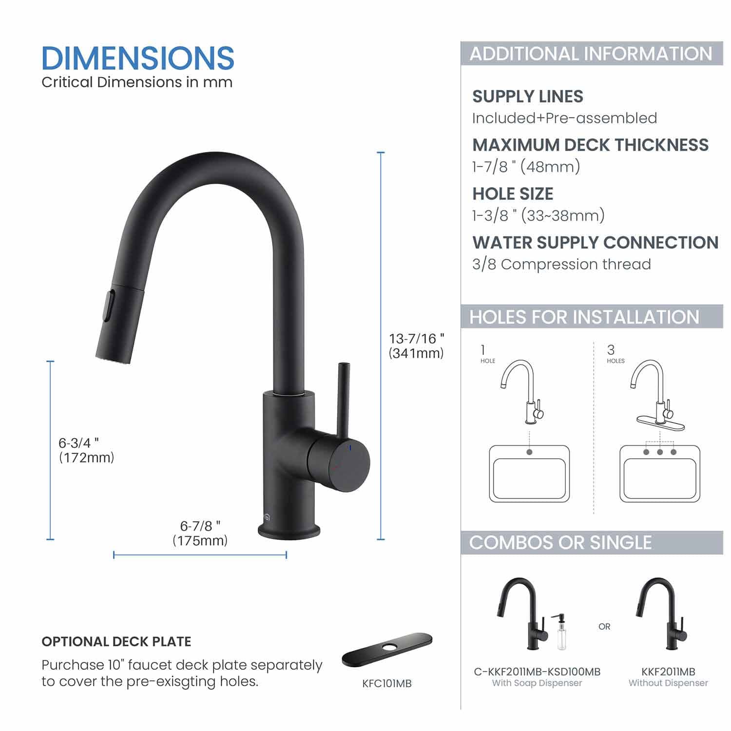 KIBI Luxe Single Handle Pull Down Faucet for Kitchen Sink | Solid Brass High Arc Faucet Spout | Kitchen Faucet with Pull Down Sprayer (Matte Black) (KKF2011) (Soap Dispenser Included)