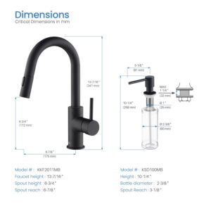 KIBI Luxe Single Handle Pull Down Faucet for Kitchen Sink | Solid Brass High Arc Faucet Spout | Kitchen Faucet with Pull Down Sprayer (Matte Black) (KKF2011) (Soap Dispenser Included)