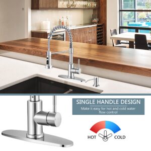 Homikit Kitchen Faucet Brushed Nickel with Pull Down Sprayer & Soap Dispenser, Stainless Steel Spring Faucets with Deck Plate 1 or 3 Hole, High Arc Commercial Sink Faucet for Farmhouse Laundry RV Bar