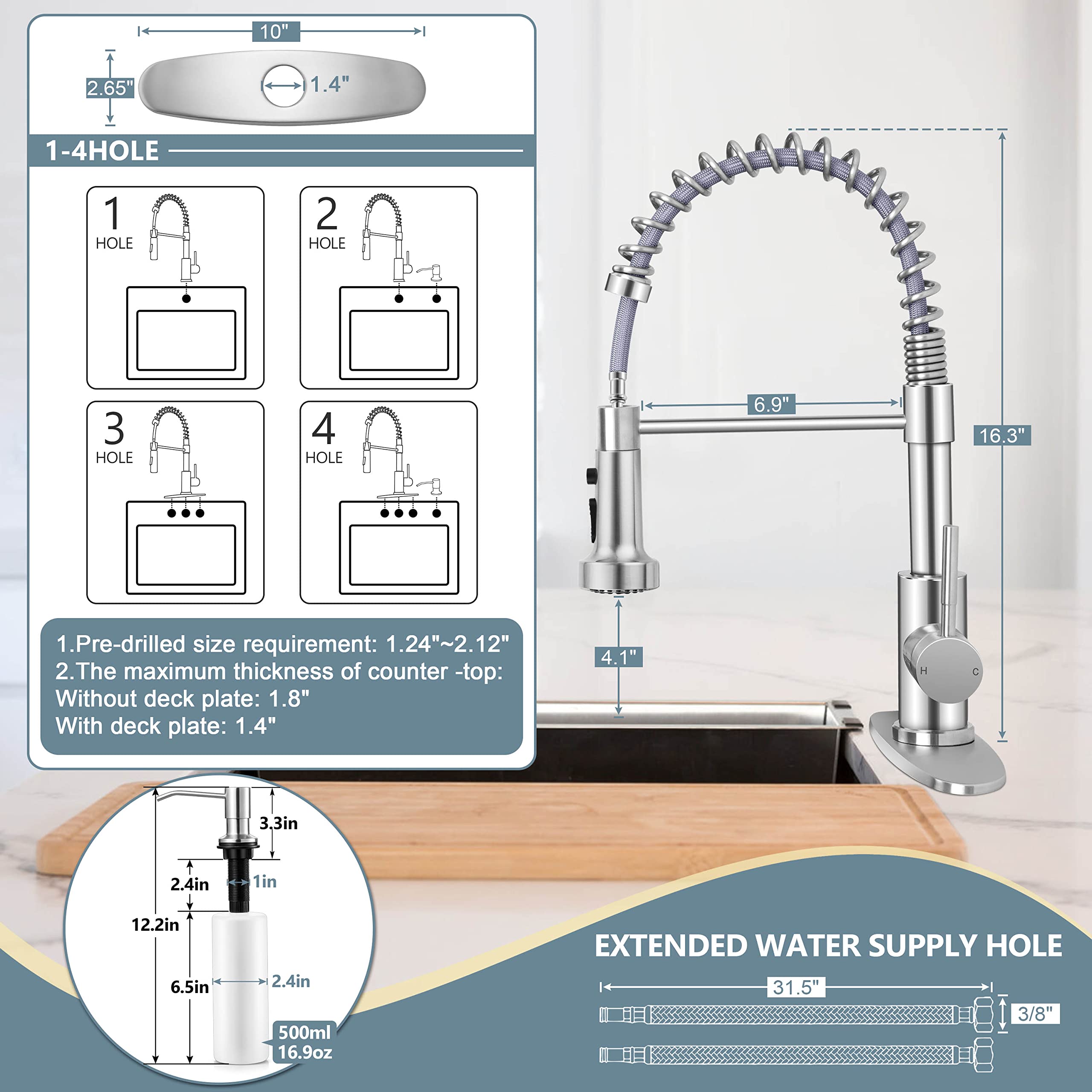 Homikit Kitchen Faucet Brushed Nickel with Pull Down Sprayer & Soap Dispenser, Stainless Steel Spring Faucets with Deck Plate 1 or 3 Hole, High Arc Commercial Sink Faucet for Farmhouse Laundry RV Bar