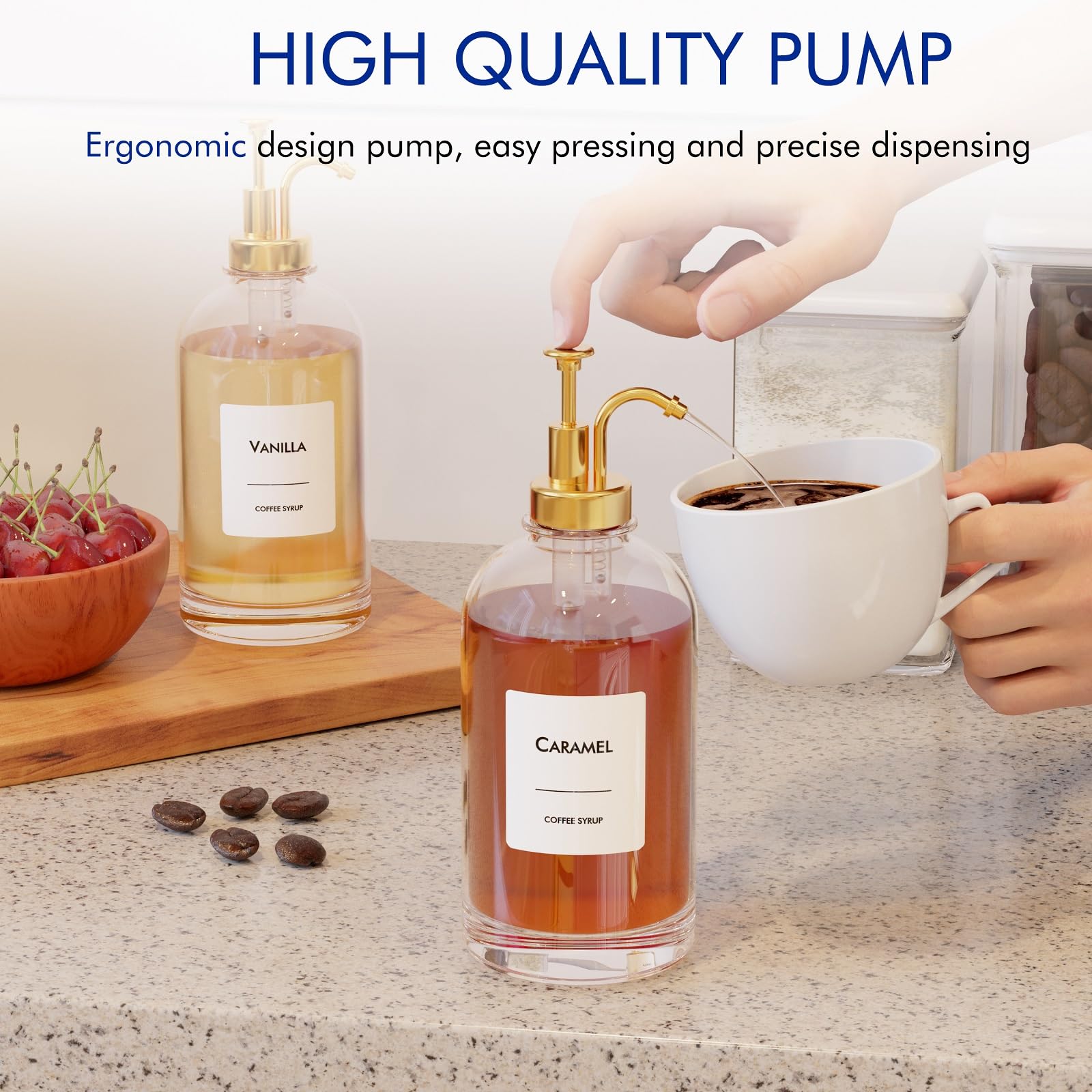 Coffee Syrup Dispenser Set - 2 Glass Bottles with Gold Pumper and Syrup Labels - Precise Dispensing and Stylish Addition to Coffee Shop, Cafe or Home Bar