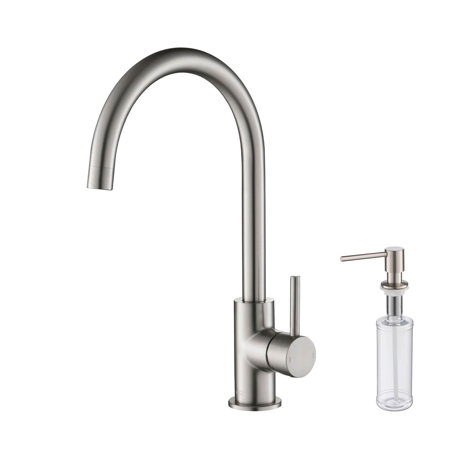 KIBI Lowa Single Handle Bar Sink Faucet with 360 Degree Swivel Spout | Single Hole High Arc Faucet for Kitchen Sink (Brushed Nickel) (KKF2001) (Soap Dispenser included)