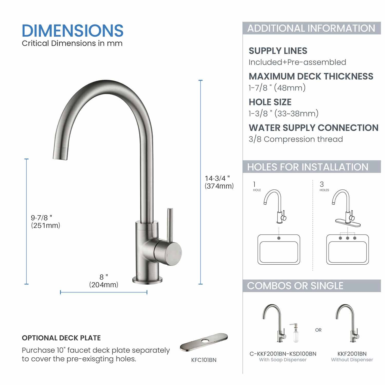 KIBI Lowa Single Handle Bar Sink Faucet with 360 Degree Swivel Spout | Single Hole High Arc Faucet for Kitchen Sink (Brushed Nickel) (KKF2001) (Soap Dispenser included)