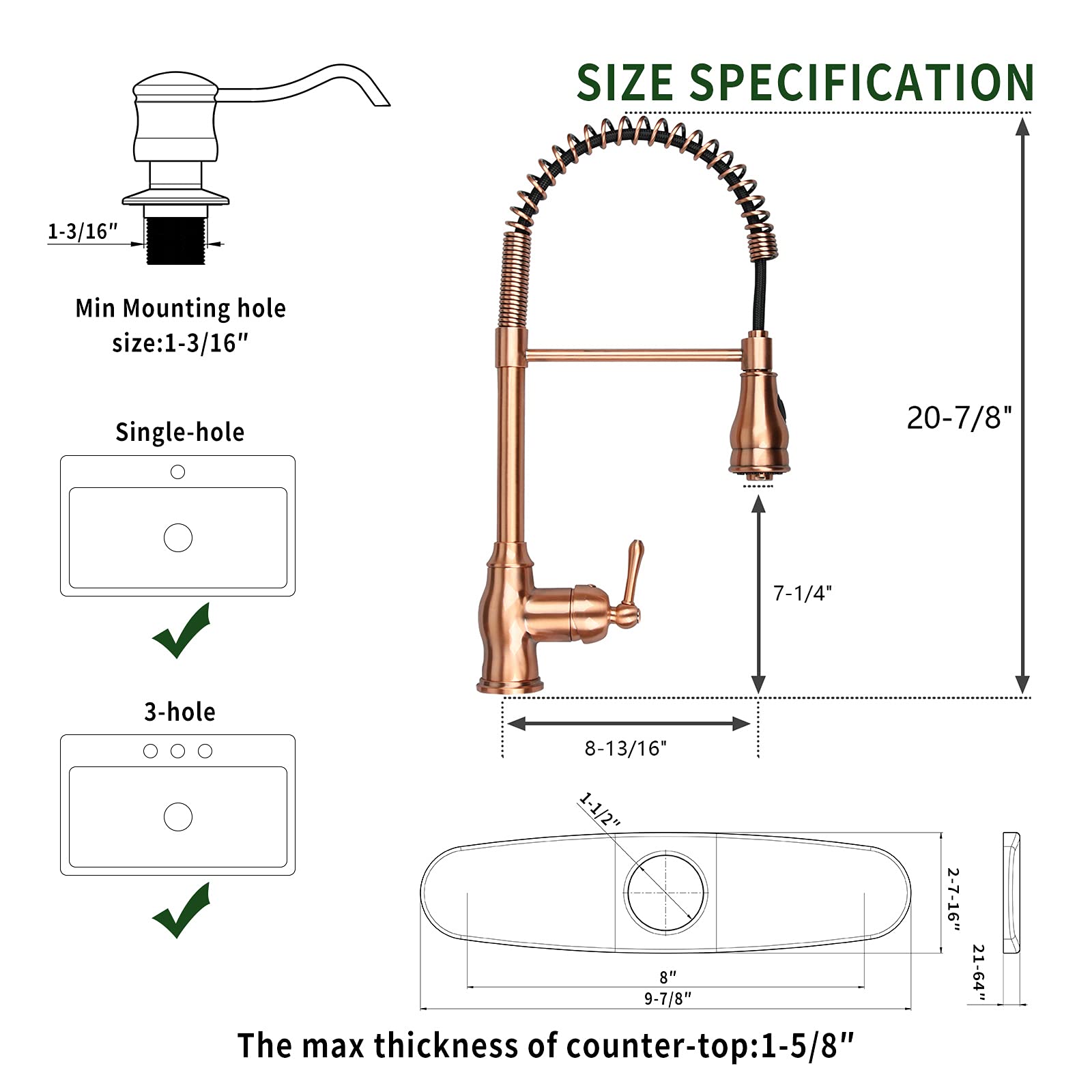 Copper Kitchen Faucet with Soap Dispenser, Single Handle Solid Brass High Arc Pull Down Sprayer Head Kitchen Sink Faucets with Deck Plate OH518