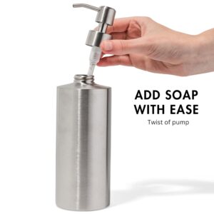 Yew Design Silver Soap Dispenser Stainless Steel for Bathroom and Kitchen Sink, 15oz Refillable Round Rustproof Hand Dish Soap Dispenser Pump for Detergent, Lotion, and Countertop