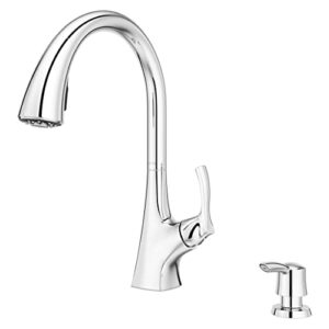 pfister masey kitchen faucet with pull down sprayer and soap dispenser, single handle, high arc, polished chrome finish, f5297mcc