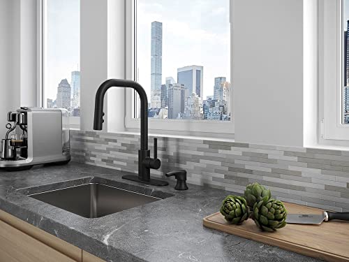 Pfister Zanna Kitchen Faucet with Pull Down Sprayer and Soap Dispenser, Single Handle, High Arc, Matte Black Finish, F5297ZNRB