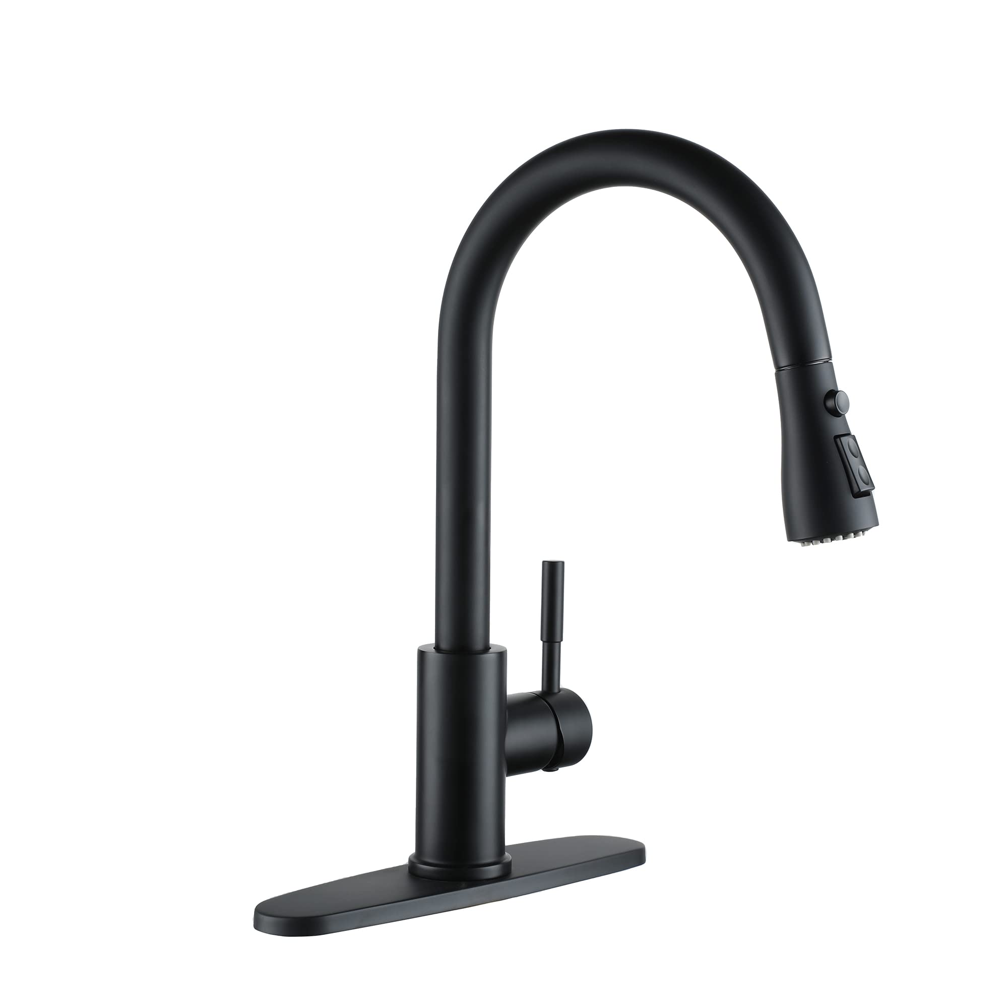 Black Kitchen Sink Faucets with Pull Down Sprayer, Single Handle High Arc Kitchen Faucet with Deck Plate RV Kitchen Faucet 2 Modes & 360°Rotation