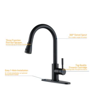 Black Kitchen Sink Faucets with Pull Down Sprayer, Single Handle High Arc Kitchen Faucet with Deck Plate RV Kitchen Faucet 2 Modes & 360°Rotation