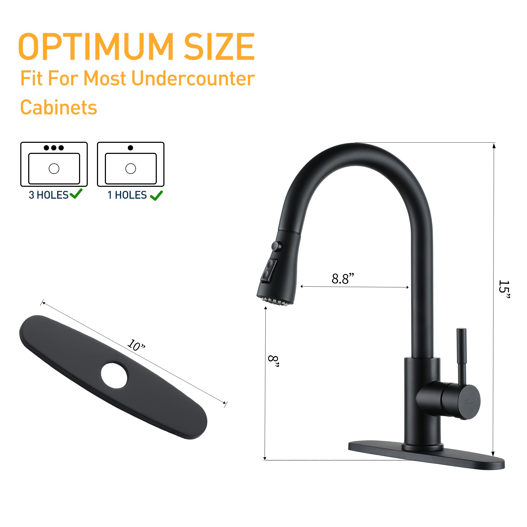 Black Kitchen Sink Faucets with Pull Down Sprayer, Single Handle High Arc Kitchen Faucet with Deck Plate RV Kitchen Faucet 2 Modes & 360°Rotation