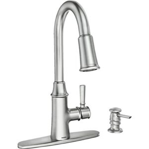 caris high arc kitchen faucet, pull-down spray & soap dispenser, single handle, stainless steel