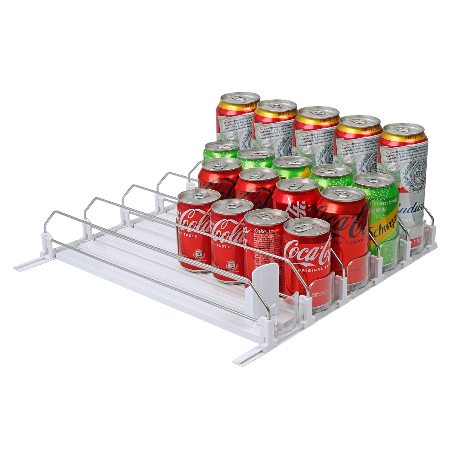 BUDO Soda Can Organizer, Drink Self-Pushing Dispenser for Fridge, Holds 25 Cans Width Adjustable Beer Pop Can Water Bottle Holder (15inch, White)