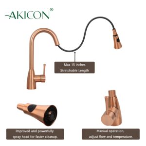 Copper Kitchen Faucet with Soap Dispenser, Single Handle Solid Brass High Arc Pull Down Sprayer Head Kitchen Sink Faucets with Deck Plate AK96455