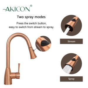 Copper Kitchen Faucet with Soap Dispenser, Single Handle Solid Brass High Arc Pull Down Sprayer Head Kitchen Sink Faucets with Deck Plate AK96455