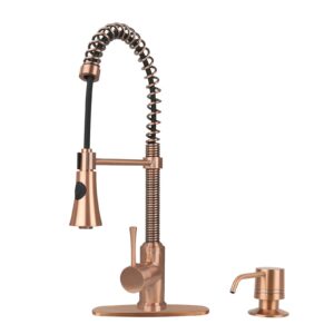 copper kitchen faucet with soap dispenser, single handle solid brass high arc pull down sprayer head kitchen sink faucets with deck plate