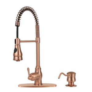 Copper Kitchen Faucet with Soap Dispenser, Single Handle Solid Brass High Arc Pull Down Sprayer Head Kitchen Sink Faucets with Deck Plate AK96518