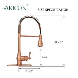 Copper Kitchen Faucet with Soap Dispenser, Single Handle Solid Brass High Arc Pull Down Sprayer Head Kitchen Sink Faucets with Deck Plate AK96518