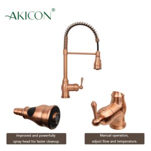 Copper Kitchen Faucet with Soap Dispenser, Single Handle Solid Brass High Arc Pull Down Sprayer Head Kitchen Sink Faucets with Deck Plate AK96518