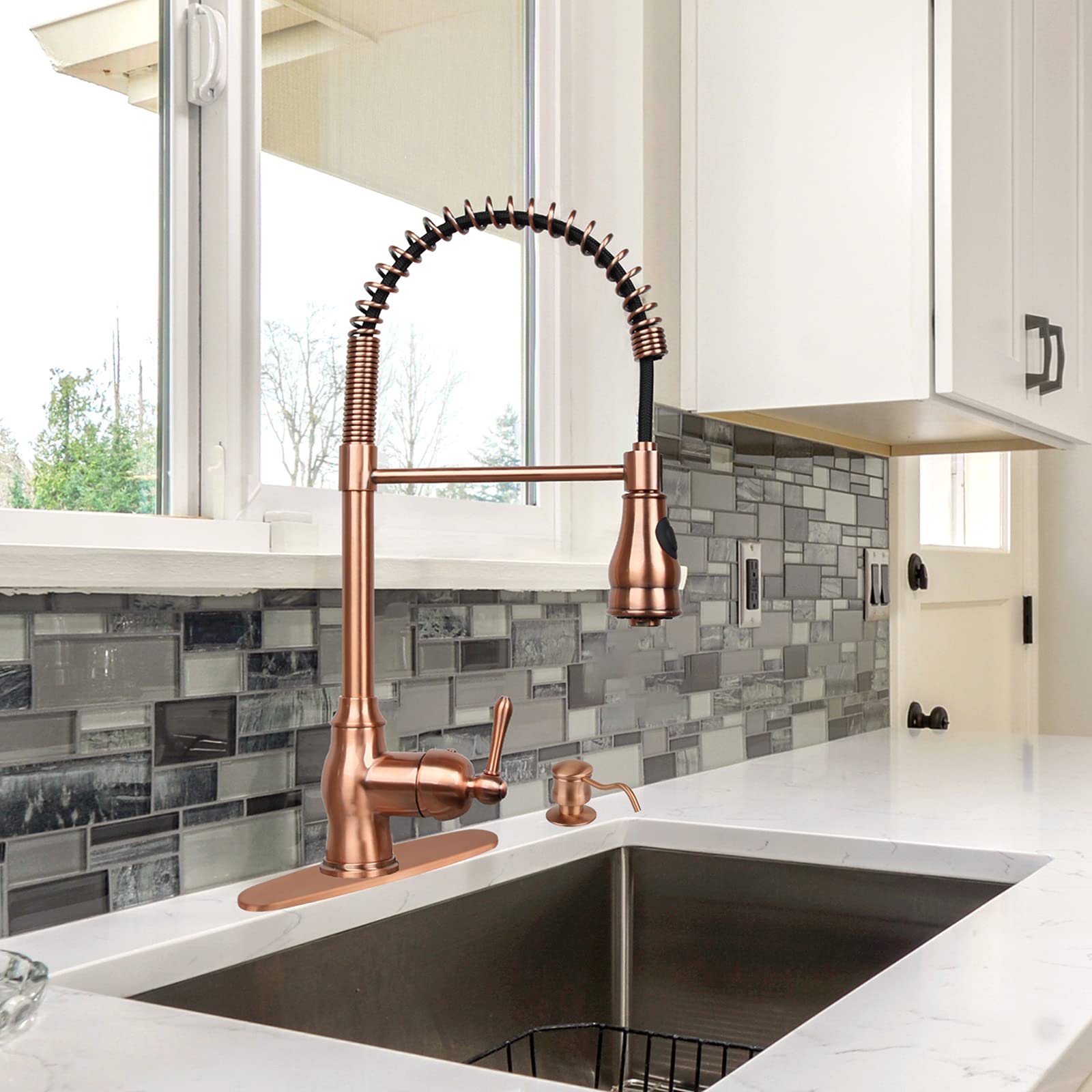 Copper Kitchen Faucet with Soap Dispenser, Single Handle Solid Brass High Arc Pull Down Sprayer Head Kitchen Sink Faucets with Deck Plate AK96518