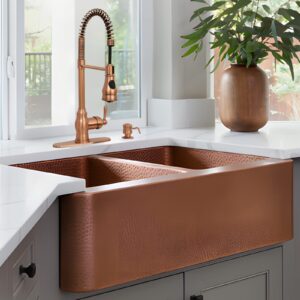 Copper Kitchen Faucet with Soap Dispenser, Single Handle Solid Brass High Arc Pull Down Sprayer Head Kitchen Sink Faucets with Deck Plate AK96518