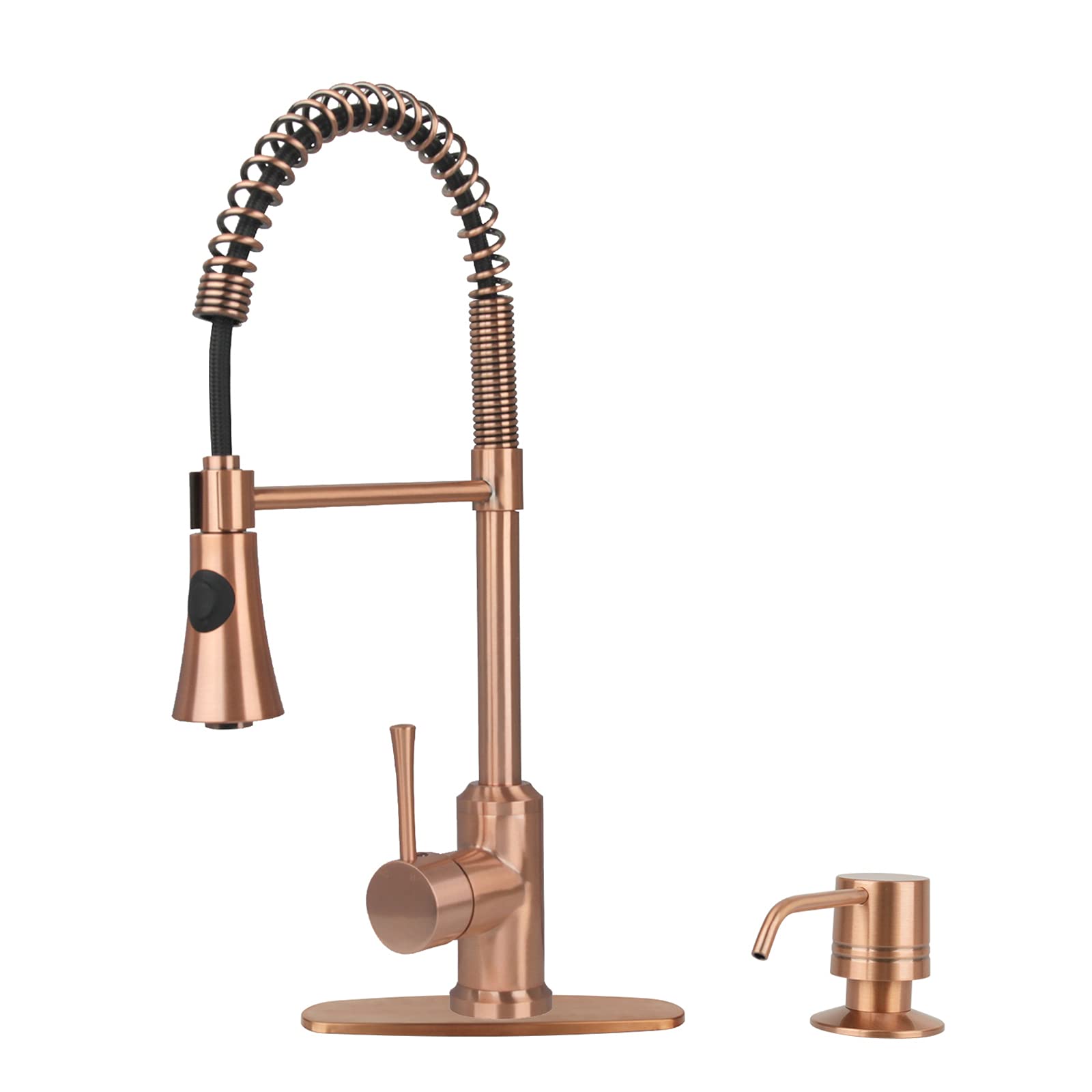 Copper Pre-Rinse Spring Kitchen Faucet with Soap Dispenser, Single Handle Solid Brass High Arc Pull Down Sprayer Head Kitchen Sink Faucets with Deck Plate