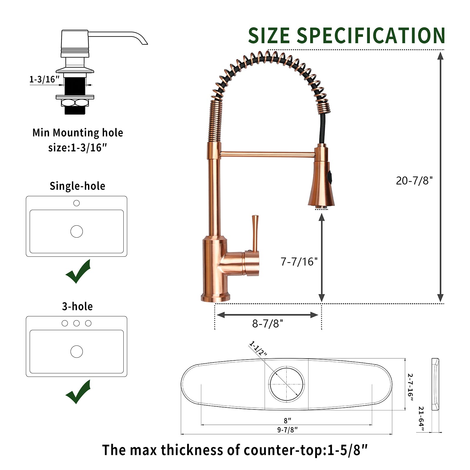 Copper Pre-Rinse Spring Kitchen Faucet with Soap Dispenser, Single Handle Solid Brass High Arc Pull Down Sprayer Head Kitchen Sink Faucets with Deck Plate