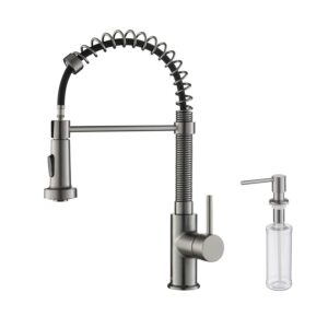 kibi aurora single handle spring pull down faucet for kitchen sink | solid brass high arc faucet spout | kitchen faucet with pull down sprayer (titanium) (kkf2003) (soap dispenser included)