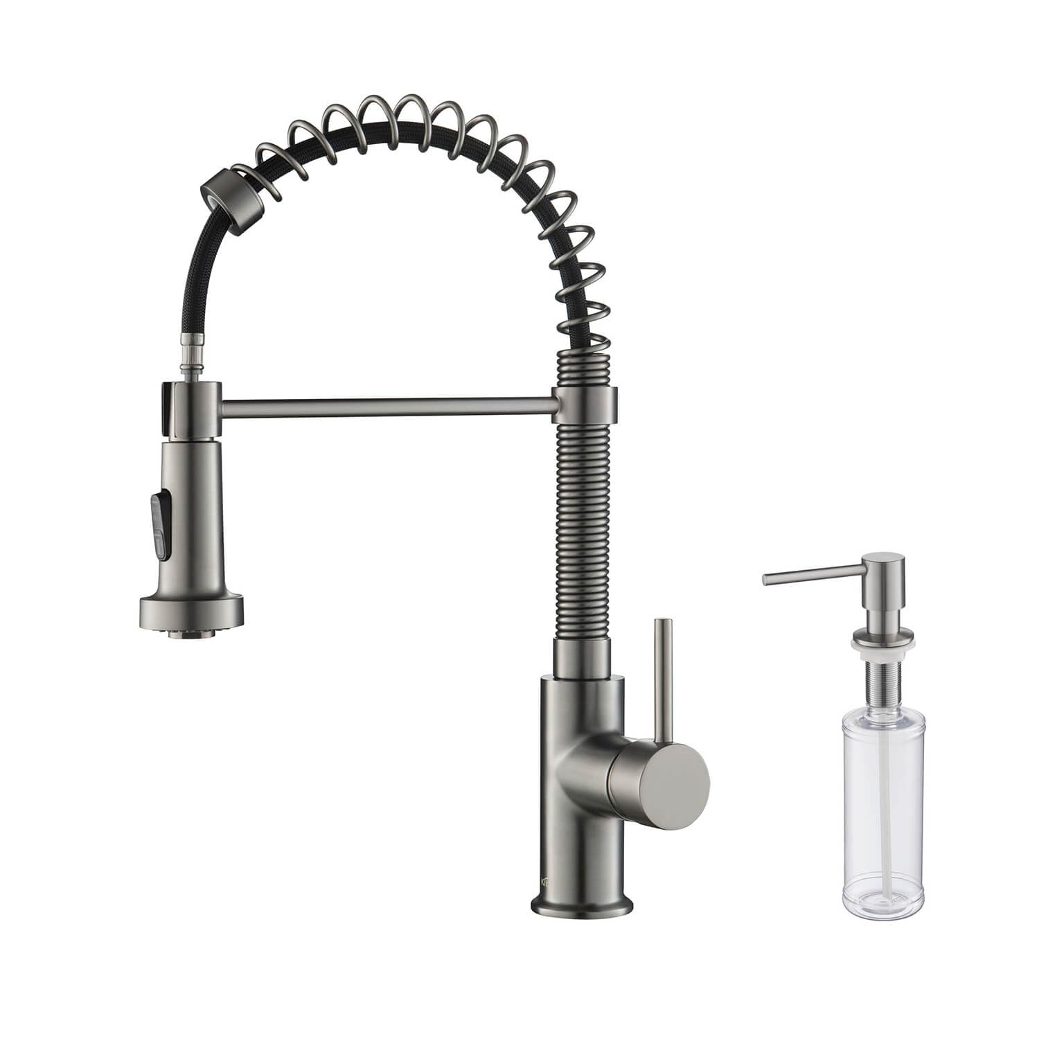 KIBI Aurora Single Handle Spring Pull Down Faucet for Kitchen Sink | Solid Brass High Arc Faucet Spout | Kitchen Faucet with Pull Down Sprayer (Titanium) (KKF2003) (Soap Dispenser included)