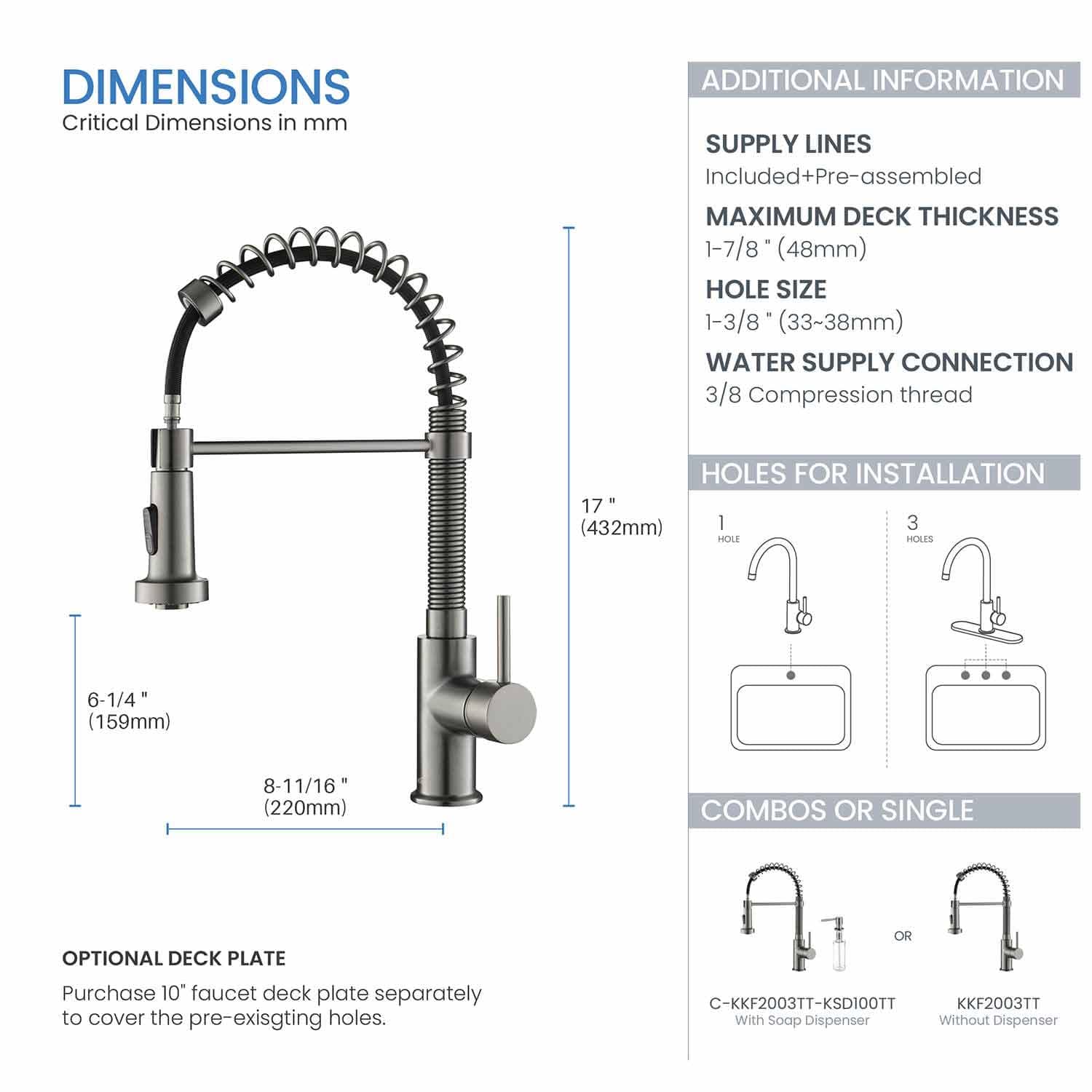 KIBI Aurora Single Handle Spring Pull Down Faucet for Kitchen Sink | Solid Brass High Arc Faucet Spout | Kitchen Faucet with Pull Down Sprayer (Titanium) (KKF2003) (Soap Dispenser included)