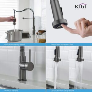 KIBI Aurora Single Handle Spring Pull Down Faucet for Kitchen Sink | Solid Brass High Arc Faucet Spout | Kitchen Faucet with Pull Down Sprayer (Titanium) (KKF2003) (Soap Dispenser included)