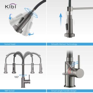 KIBI Aurora Single Handle Spring Pull Down Faucet for Kitchen Sink | Solid Brass High Arc Faucet Spout | Kitchen Faucet with Pull Down Sprayer (Titanium) (KKF2003) (Soap Dispenser included)