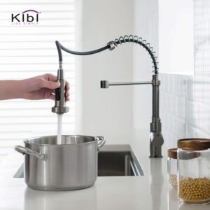 KIBI Aurora Single Handle Spring Pull Down Faucet for Kitchen Sink | Solid Brass High Arc Faucet Spout | Kitchen Faucet with Pull Down Sprayer (Titanium) (KKF2003) (Soap Dispenser included)