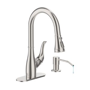 casavilla kitchen faucet with soap dispenser, faucet for kitchen sink, single handle stainless steel kitchen sink faucets with pull down sprayer and deck plate, rv sink faucet, nickel brushed