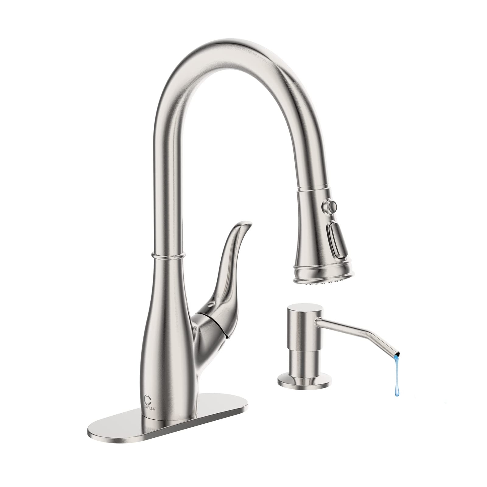 Casavilla Kitchen Faucet with Soap Dispenser, Faucet for Kitchen Sink, Single Handle Stainless Steel Kitchen Sink Faucets with Pull Down Sprayer and Deck Plate, RV Sink Faucet, Nickel Brushed