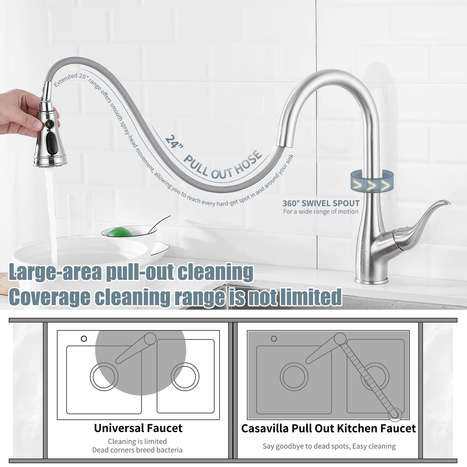 Casavilla Kitchen Faucet with Soap Dispenser, Faucet for Kitchen Sink, Single Handle Stainless Steel Kitchen Sink Faucets with Pull Down Sprayer and Deck Plate, RV Sink Faucet, Nickel Brushed