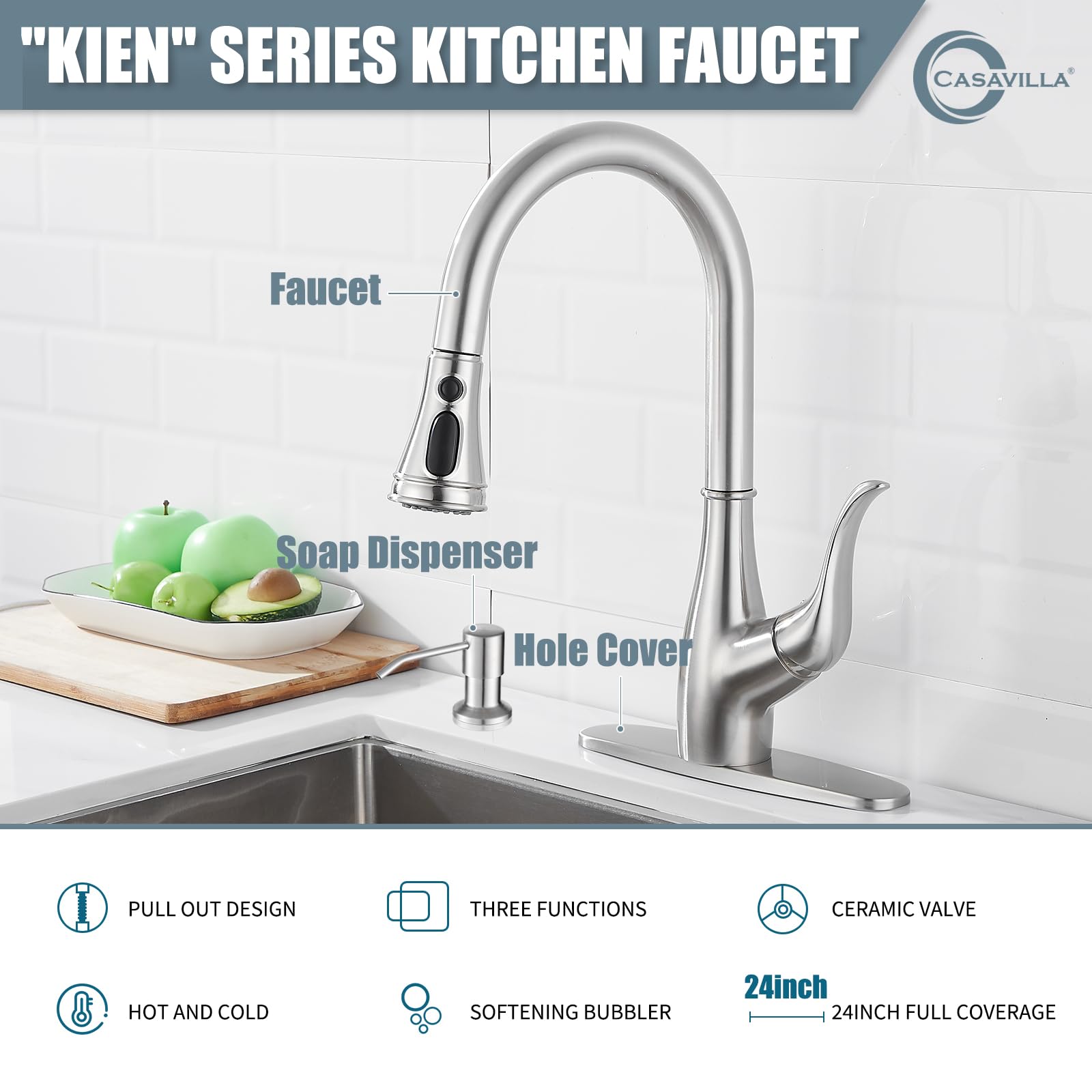 Casavilla Kitchen Faucet with Soap Dispenser, Faucet for Kitchen Sink, Single Handle Stainless Steel Kitchen Sink Faucets with Pull Down Sprayer and Deck Plate, RV Sink Faucet, Nickel Brushed