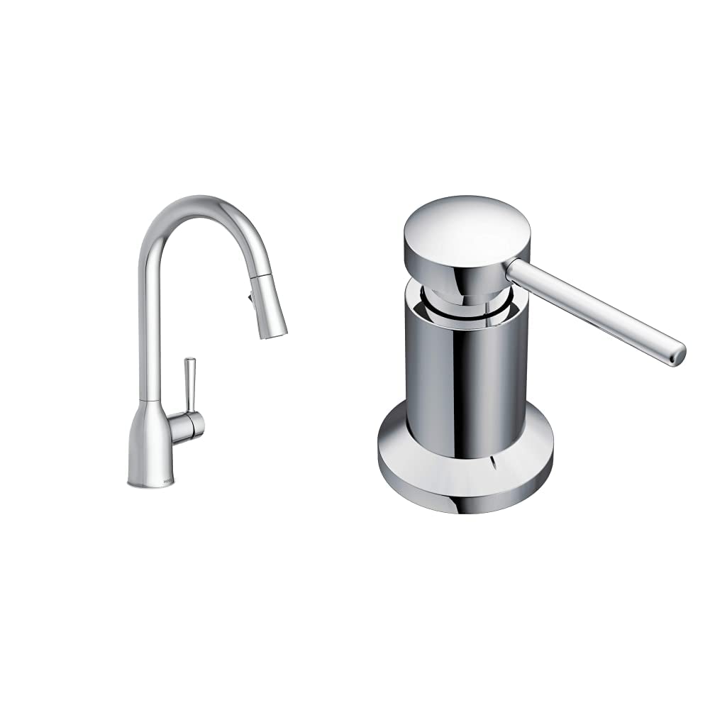 Moen 87233 Adler Chrome One-Handle High Arc Kitchen Sink Faucet Bundle with Moen 3942 Chrome Deck Mounted Kitchen Soap Dispenser with Above The Sink Refillable Bottle