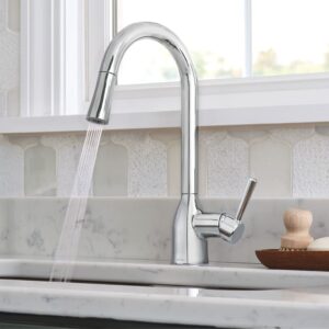 Moen 87233 Adler Chrome One-Handle High Arc Kitchen Sink Faucet Bundle with Moen 3942 Chrome Deck Mounted Kitchen Soap Dispenser with Above The Sink Refillable Bottle