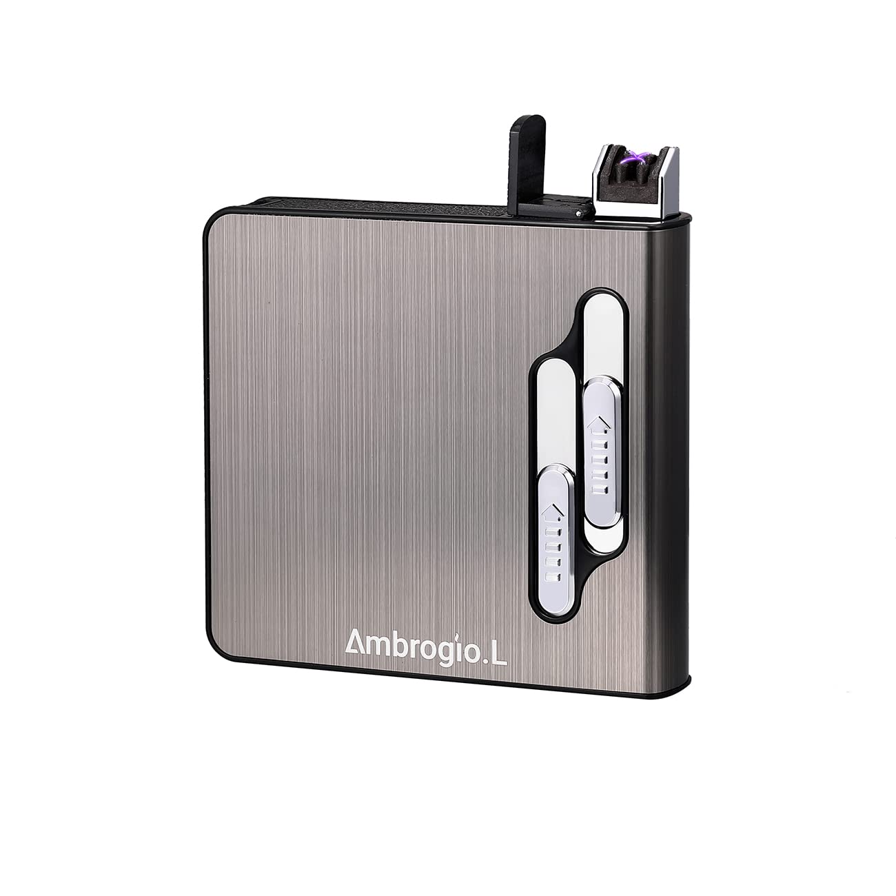 Ambrogio.L Full Pack 20 Regular Cigarettes Case Box Automatic Ejection Holder with Dual Arc Lighter USB Rechargeable, Flameless, Windproof,Moisture-Proof,Black