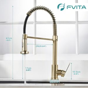 FVITA Brushed Gold Kitchen Faucet with Pull Down Sprayer,Lead-Free SUS 304 Stainless Steel kitchen sink faucet Single Handle Spring Faucet High Arc faucet for kitchen sink Bar Rv Farmhouse