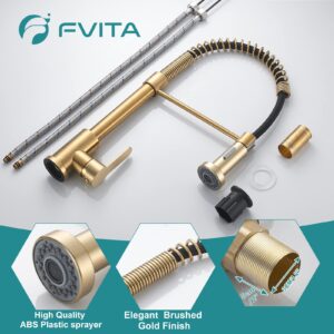 FVITA Brushed Gold Kitchen Faucet with Pull Down Sprayer,Lead-Free SUS 304 Stainless Steel kitchen sink faucet Single Handle Spring Faucet High Arc faucet for kitchen sink Bar Rv Farmhouse