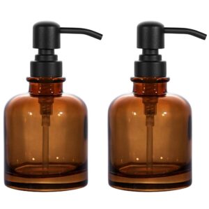 2 PCS Thick Amber Glass Jar Soap Dispenser with Matte Black Stainless Steel Pump, 12ounce Boston Round Bottles Dispenser with Rustproof Pump for Essential Oil (Matte Black)