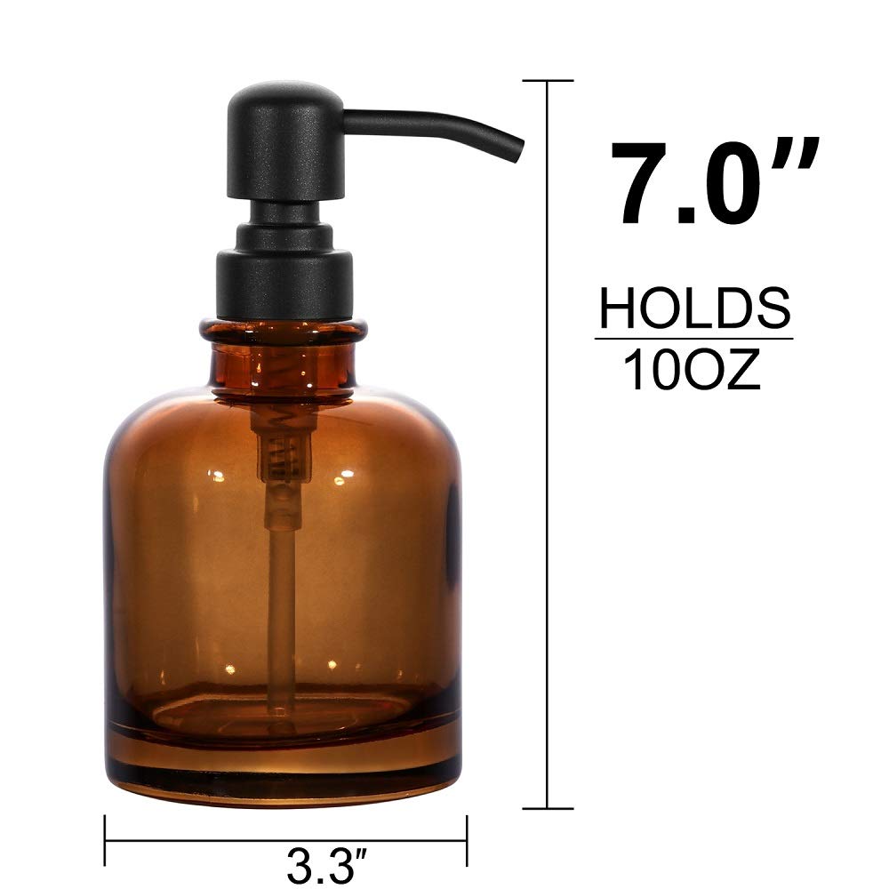 2 PCS Thick Amber Glass Jar Soap Dispenser with Matte Black Stainless Steel Pump, 12ounce Boston Round Bottles Dispenser with Rustproof Pump for Essential Oil (Matte Black)