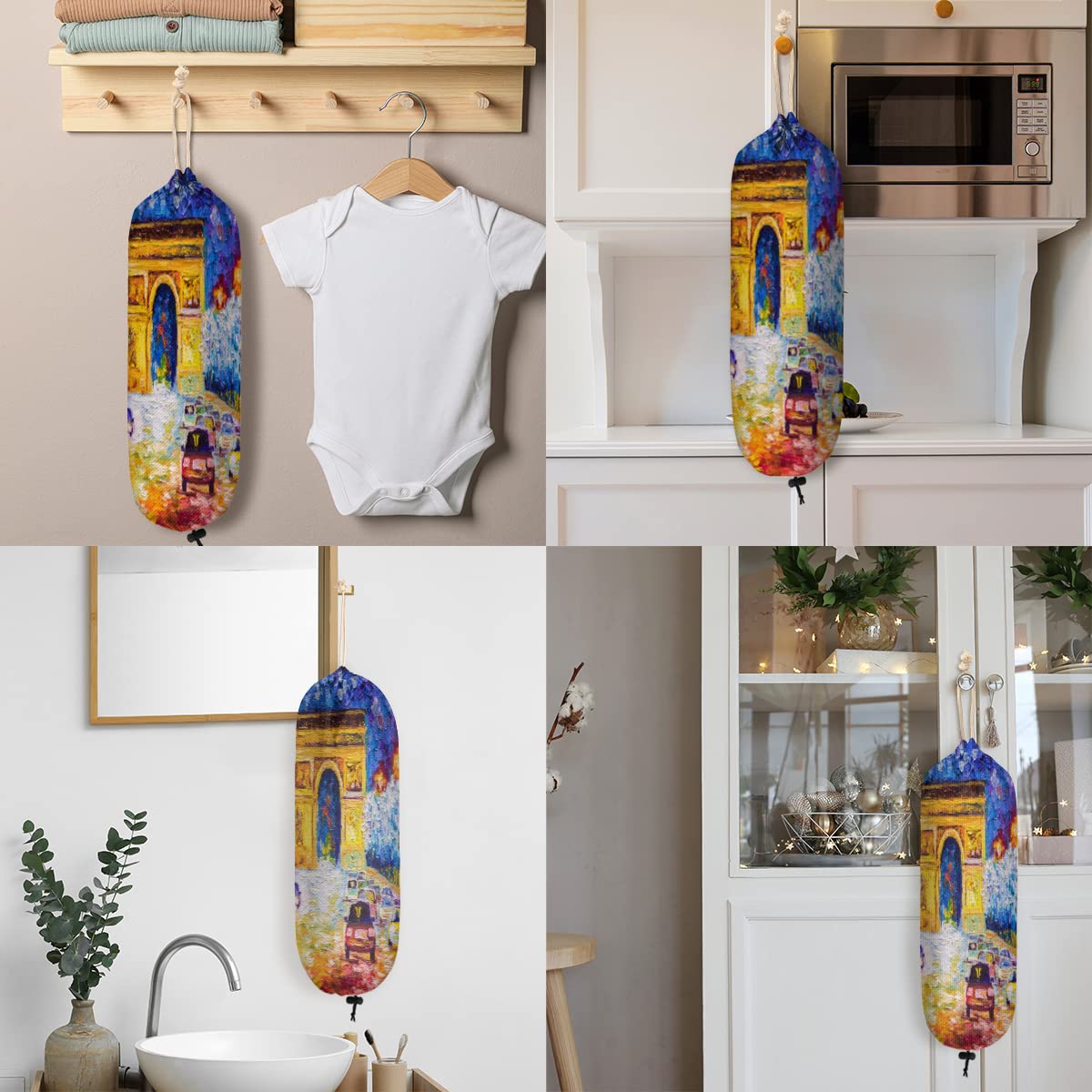 Arc De Triomphe Paris Plastic Bag Holder Wall Mount Grocery Bag Holder Reusable Trash Bag Organizer Washable Large Grocery Bag Storage Dispenser ​for Kitchen Pantry