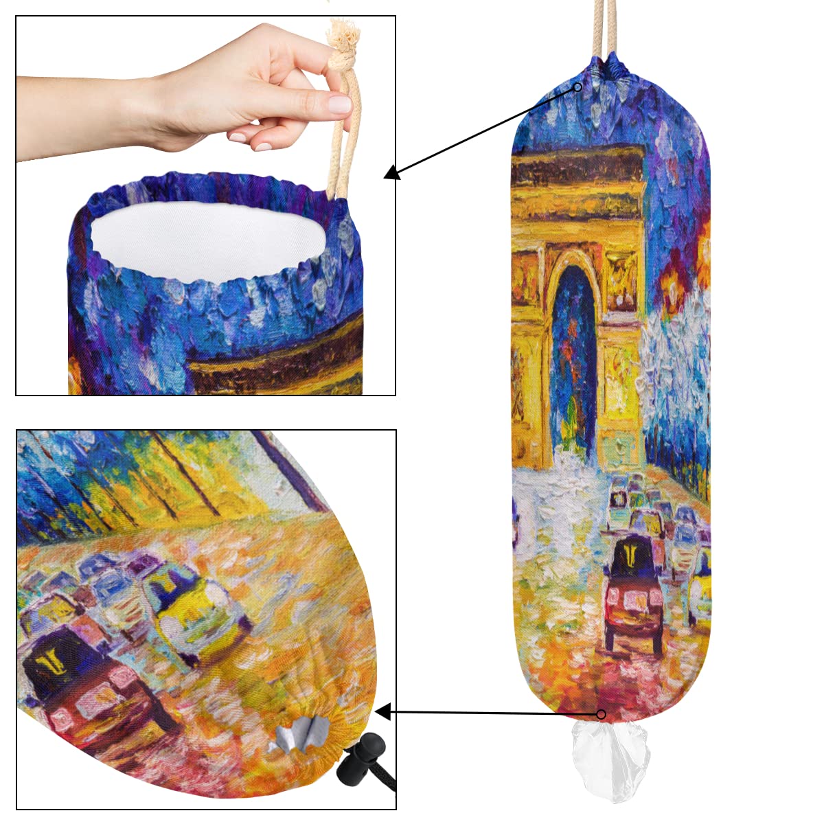 Arc De Triomphe Paris Plastic Bag Holder Wall Mount Grocery Bag Holder Reusable Trash Bag Organizer Washable Large Grocery Bag Storage Dispenser ​for Kitchen Pantry