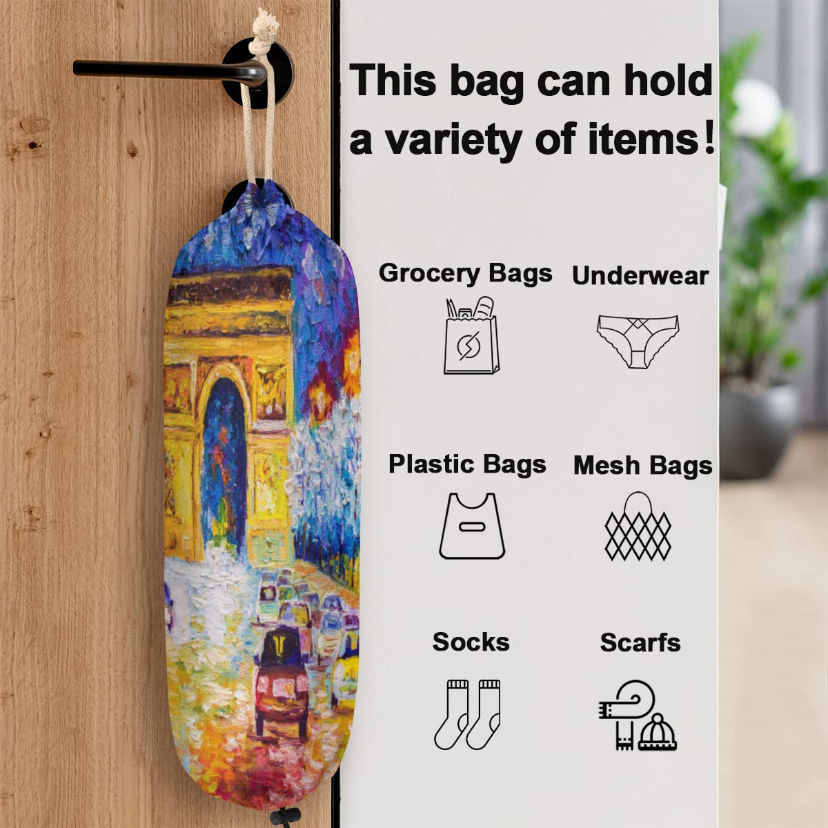 Arc De Triomphe Paris Plastic Bag Holder Wall Mount Grocery Bag Holder Reusable Trash Bag Organizer Washable Large Grocery Bag Storage Dispenser ​for Kitchen Pantry