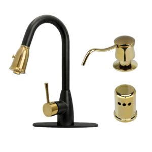 two tone kitchen faucet with soap dispenser and air gap, single handle solid brass high arc pull down sprayer head kitchen sink faucets with deck plate ak96455